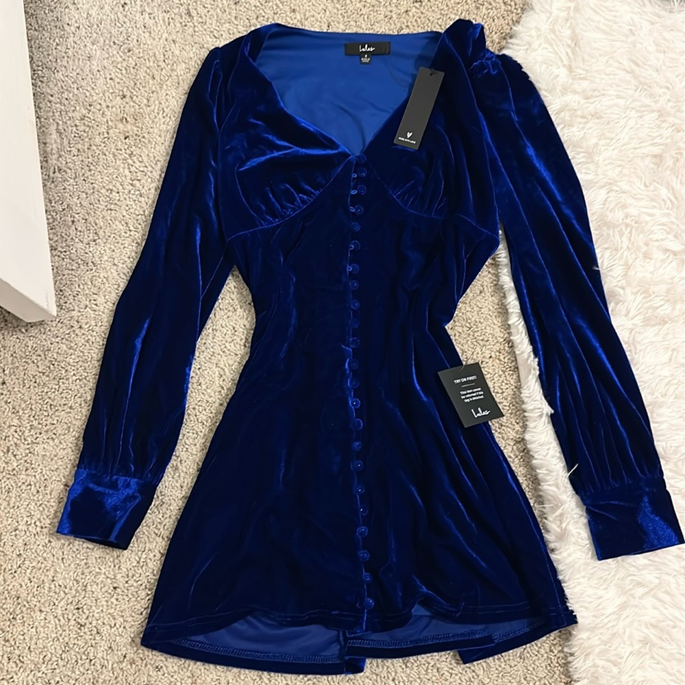 Lulu's Cobalt Blue Velvet Long Sleeve Mini Dress
